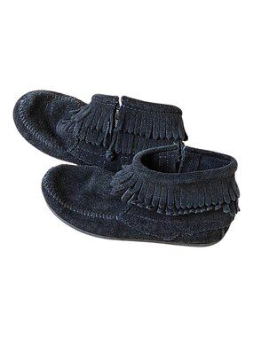 Minnetonka Moccasins Ankle Booties Black Suede Double Fringe Zip Boots Kids 2